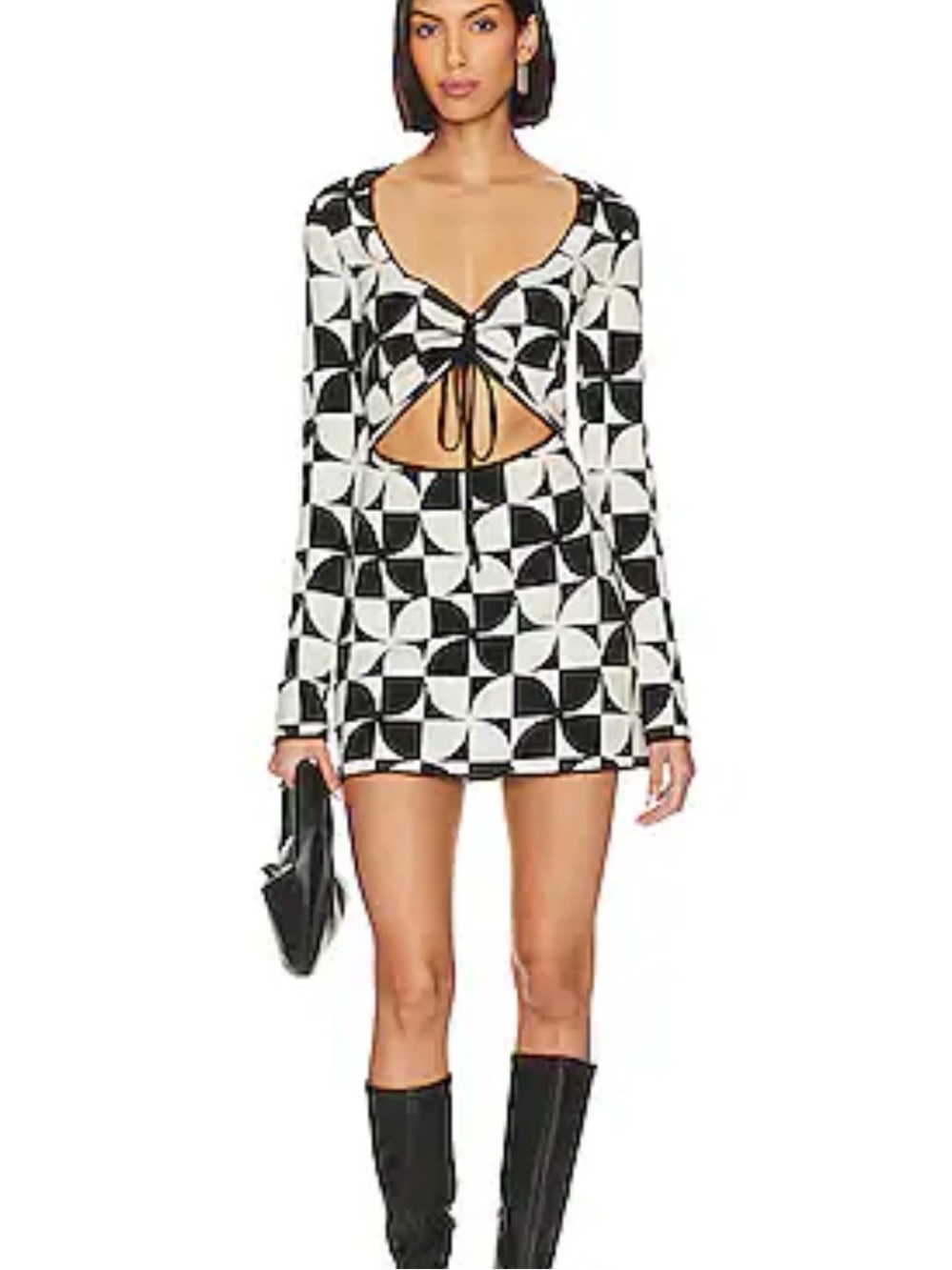 Show Me Your MuMu Black & White Tie-Front Geometric Long Sleeve Dress